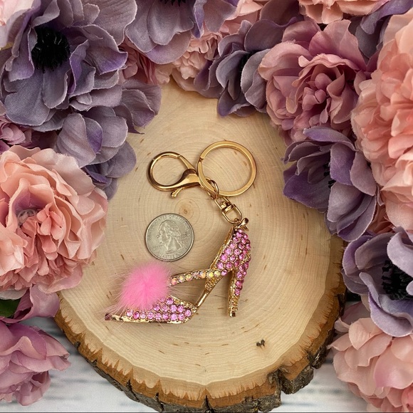 Pink Crystal High Heel Sandal with Pink Pom Pom Keychain Charm - Picture 11 of 11